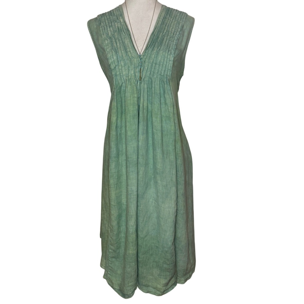 Completo‎ Lino Linen Sleeveless Relaxed Fit V Neck Midi Dress XS Pleated Pastel